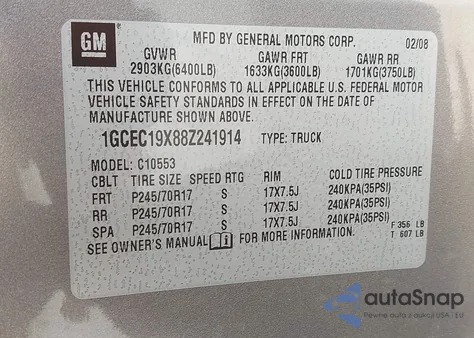 2008 Chevrolet Silverado 1500 Work Truck z USA, uszkodzony, nr VIN 1GCEC19X88Z241914